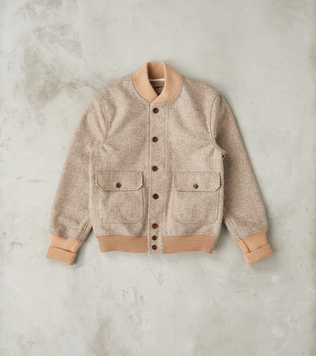 Cruiser Bomber Jacket Beige Wool Herringbone Twill