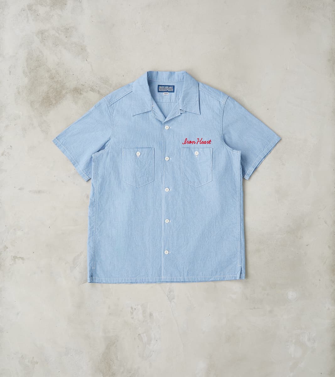 Iron Heart 447-SAX - Open Collar Short Sleeve Shirt - 5oz Sax Blue