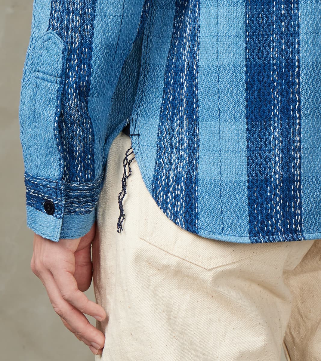 SKN24-01W Indigo Dyed Sashiko Flannel Rain Drop Kasuri Work Shirt