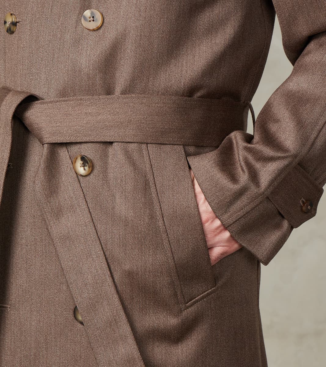 English Wool & Cotton Covert Cloth Grandad Trench Coat - Taupe