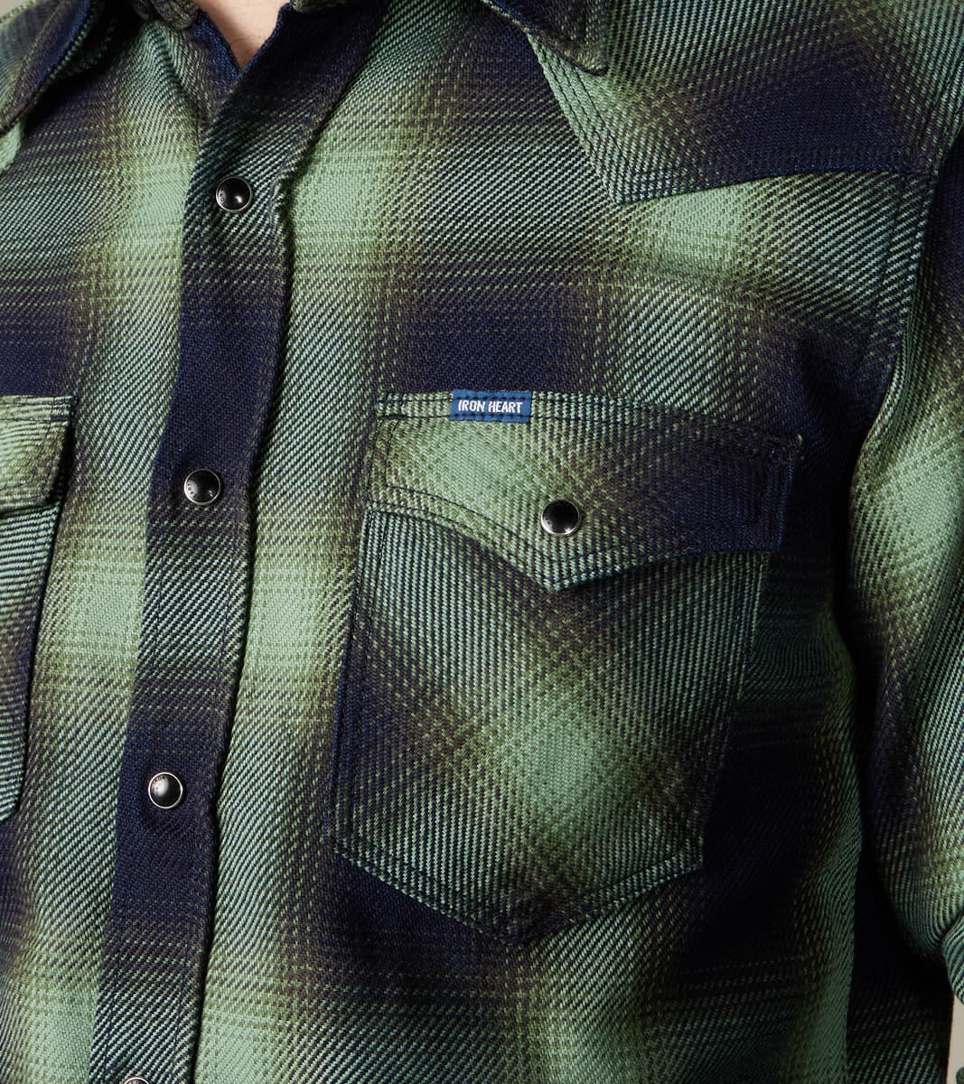 Iron Heart 348-GRN - Western - 9oz Selvedge Flannel Ombre Check