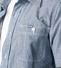 Iron Heart 285-PIN - Short Sleeved Work Shirt - 5.5oz Selvedge Pinstripe Chambray Indigo
