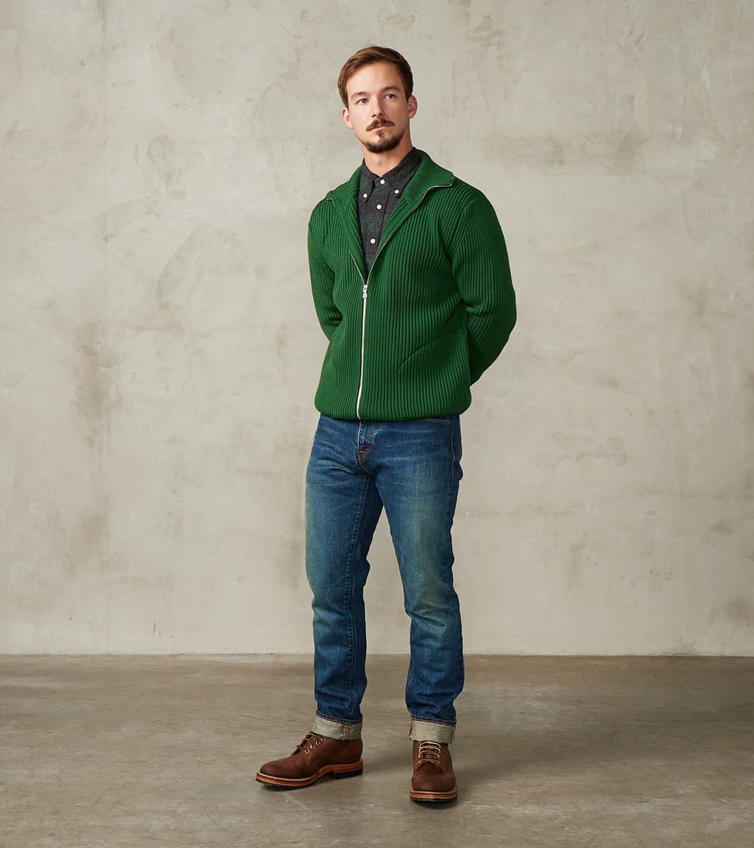 Andersen-Andersen Navy Full Zip Pocket Sweater - Green