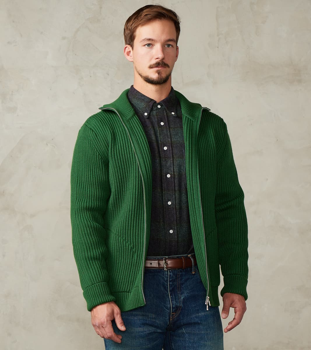 Navy Full Zip Pocket Sweater - Green