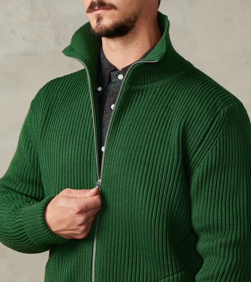 Navy Full Zip Pocket Sweater - Green