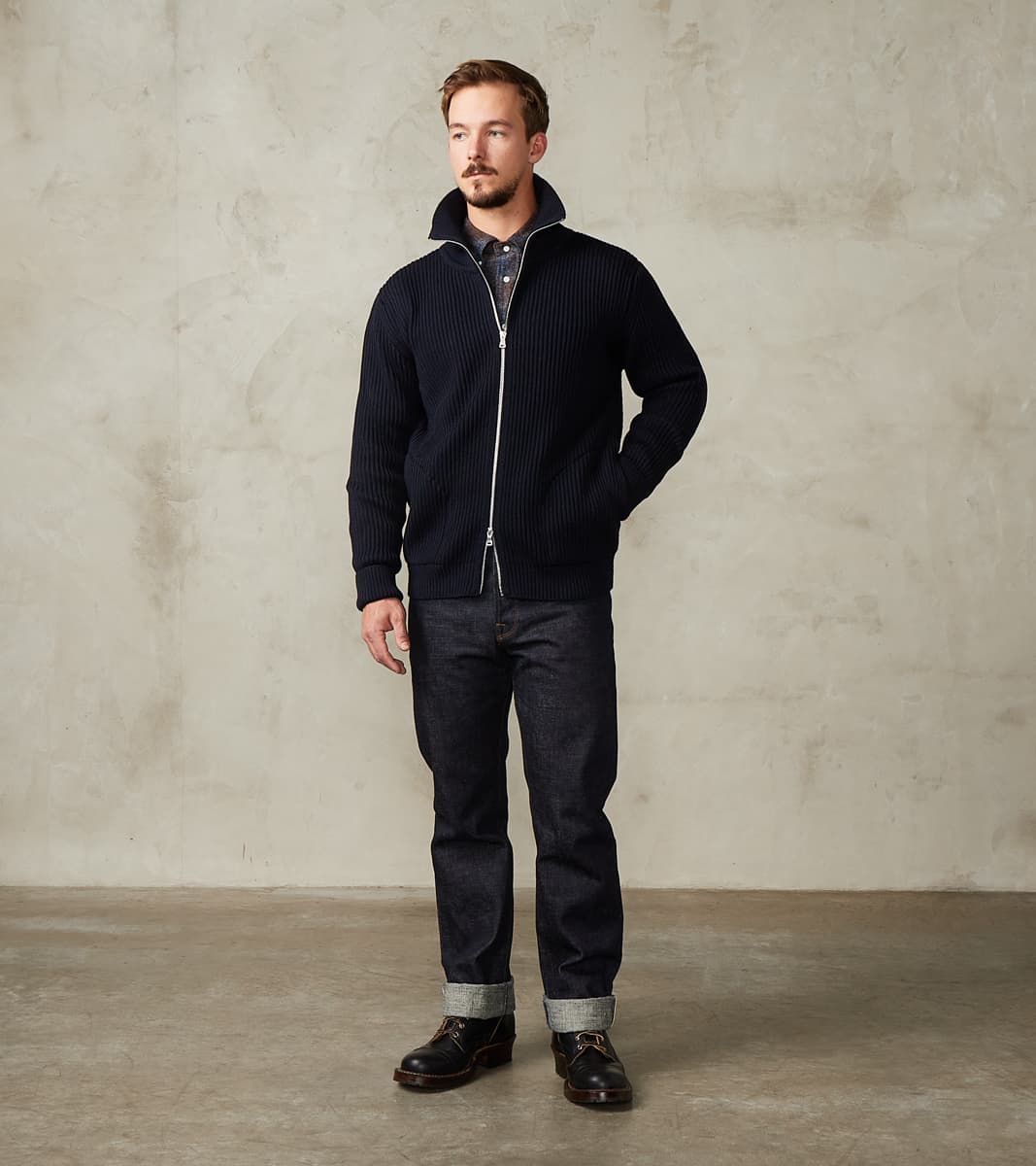 Andersen-Andersen Navy Full Zip Pocket Sweater - Navy