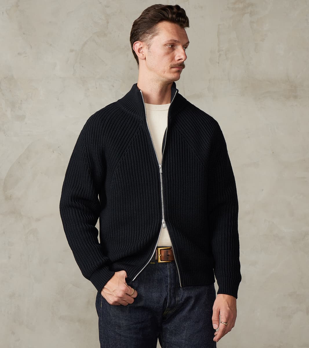 Batoner Signature Drivers Zip Solid Wool Yarn Knit - Navy