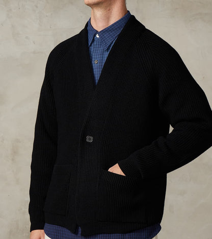Signature 1-Button Cardigan Solid Wool Yarn Knit - Black