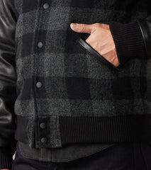 Varsity Jacket - Abraham Moon® Charcoal Rob Roy Plaid & Black Leather