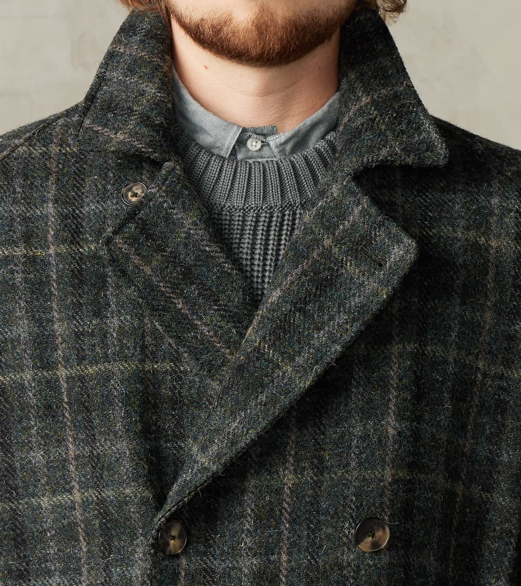 Harris Tweed Grandad Trench Coat - Grey Windowpane Check