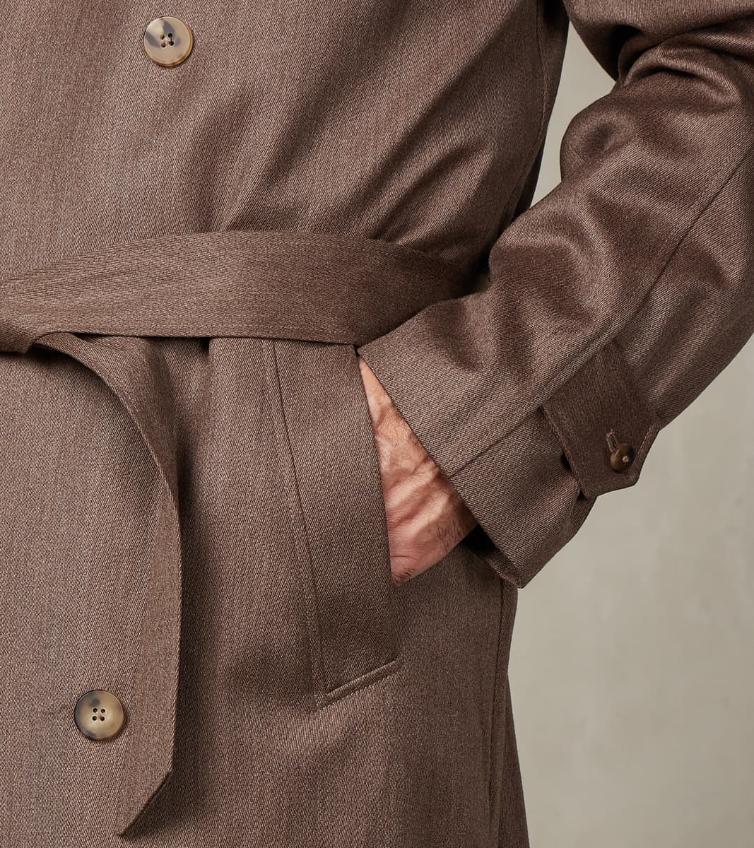 English Wool & Cotton Covert Cloth Grandad Trench Coat - Taupe