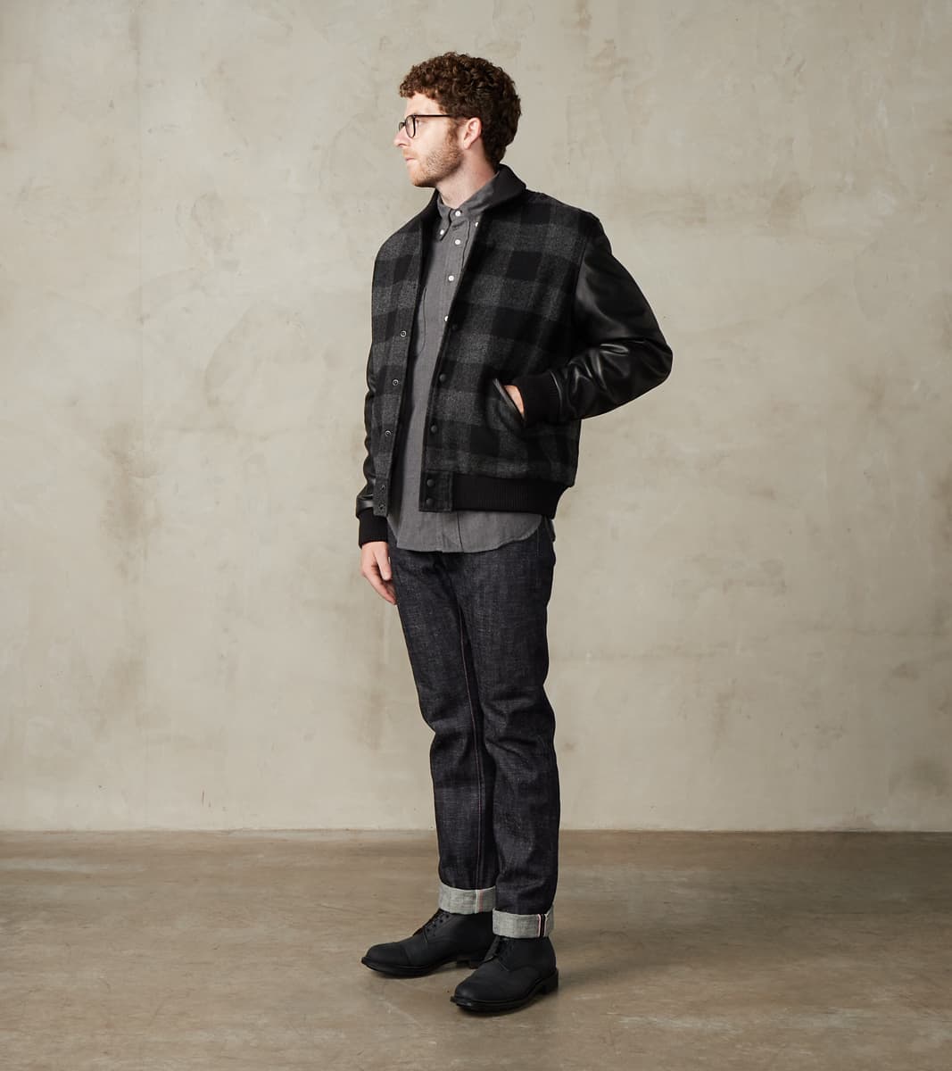 Varsity Jacket - Abraham Moon® Charcoal Rob Roy Plaid & Black Leather