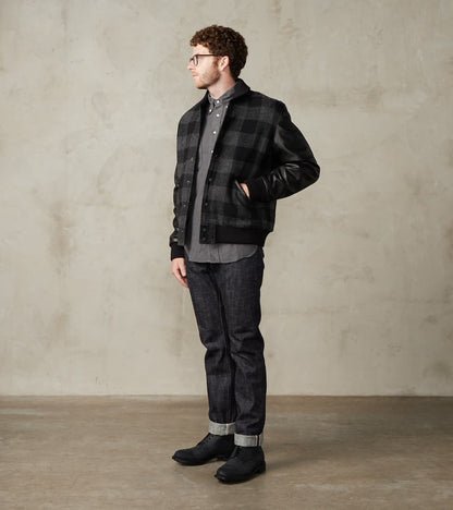 Varsity Jacket - Abraham Moon® Charcoal Rob Roy Plaid & Black Leather