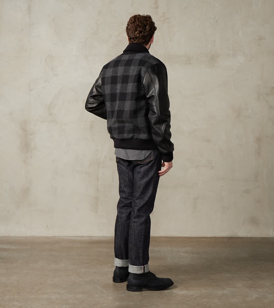 Varsity Jacket - Abraham Moon® Charcoal Rob Roy Plaid & Black Leather