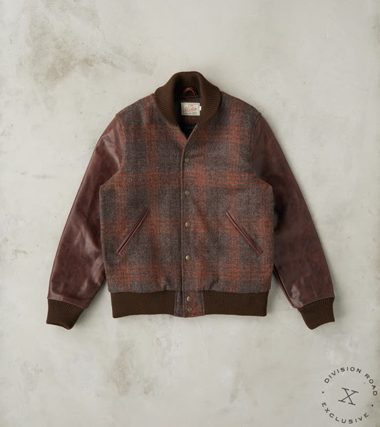 Dehen 1920 x Division Road Varsity Jacket - Fox Brothers® Amber Brown Windowpane …