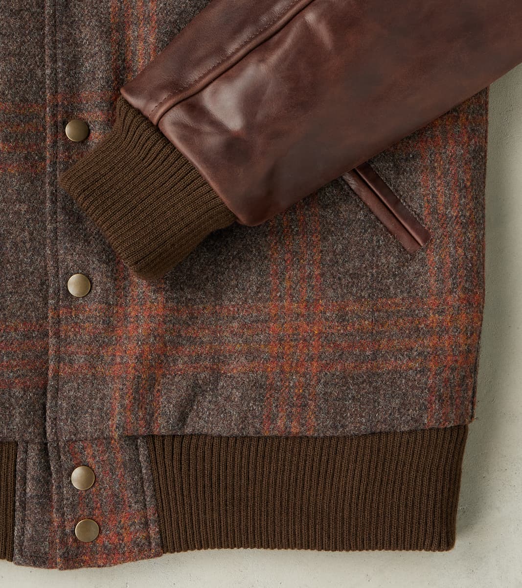 Varsity Jacket - Fox Brothers® Amber Brown Windowpane Tweed & Antique Brandy Leather