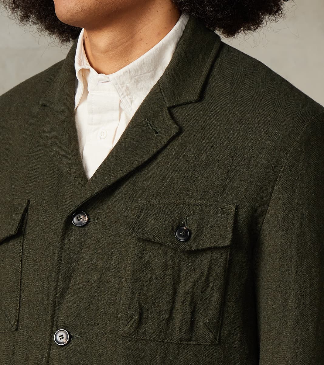 Clarence 2601 Field Jacket - Green Linen Wool Herringbone Twill