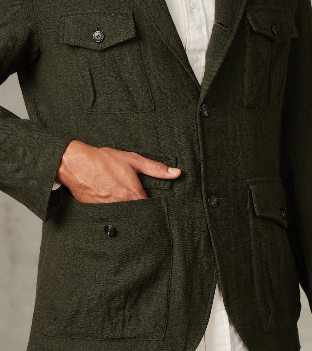 Clarence 2601 Field Jacket - Green Linen Wool Herringbone Twill