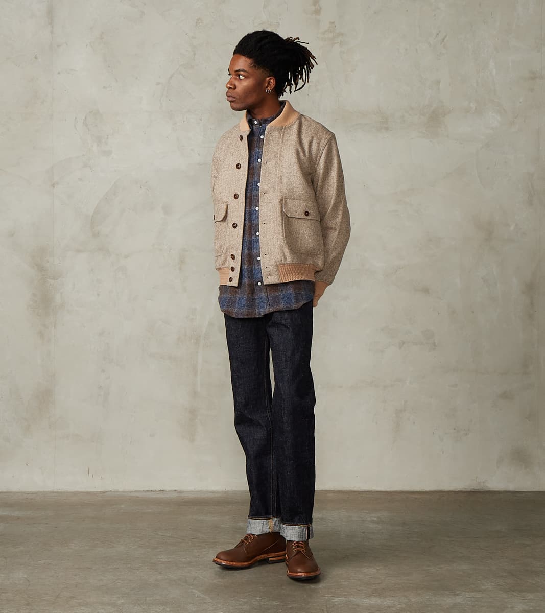Fortela Cruiser Bomber Jacket - Beige Wool Herringbone Twill