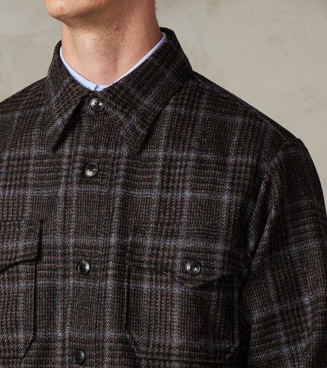 FxDR Ringo Overshirt - Fox Brothers® Wool Twill Tweed - Stag Brown Black Sky Glen Check