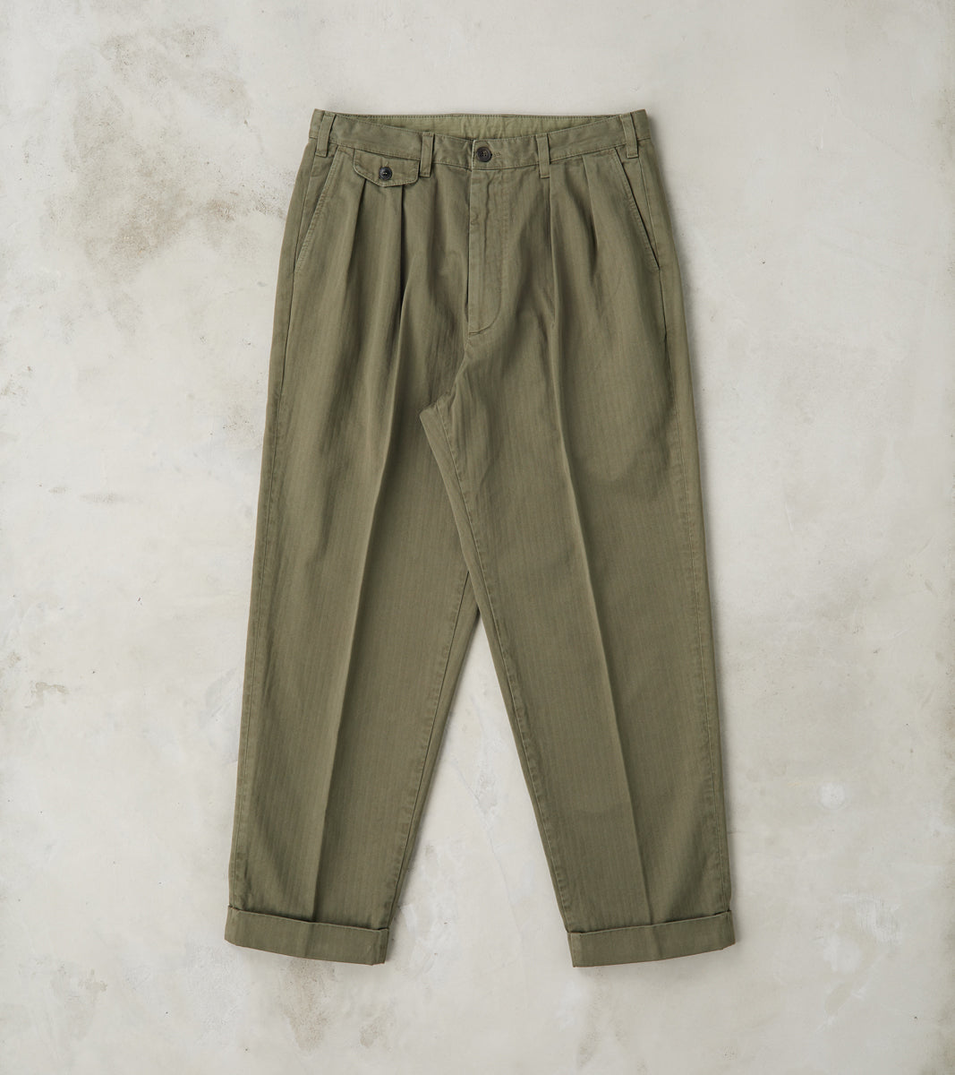 Fortela Seattle Pleated Trouser - Green Herringbone Twill