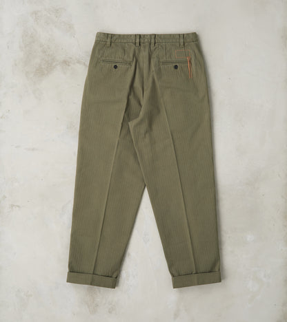 Seattle Pleated Trouser - Green Herringbone Twill