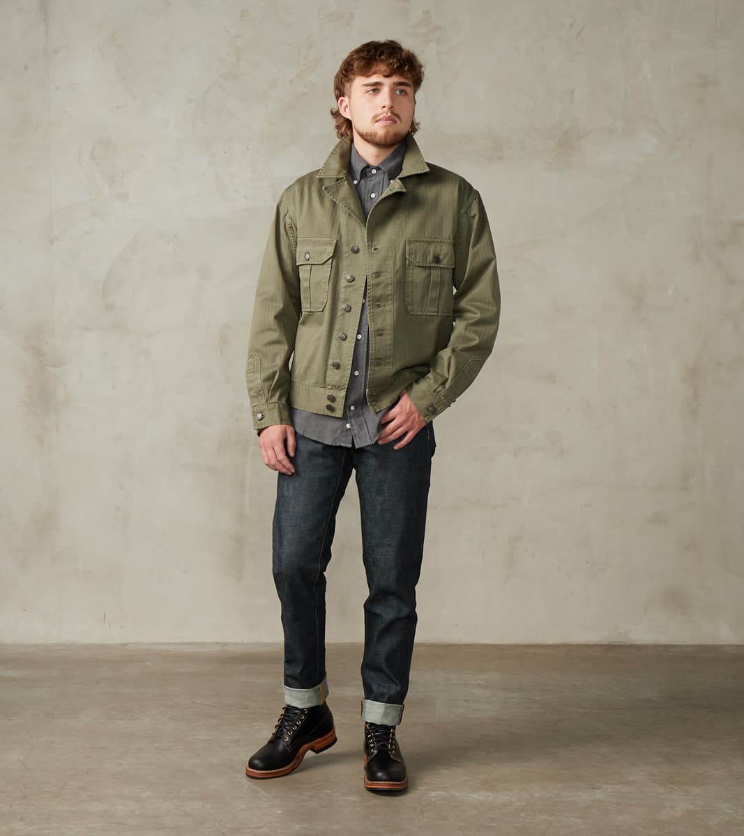 Fortela Army Jacket - Green Herringbone Twill