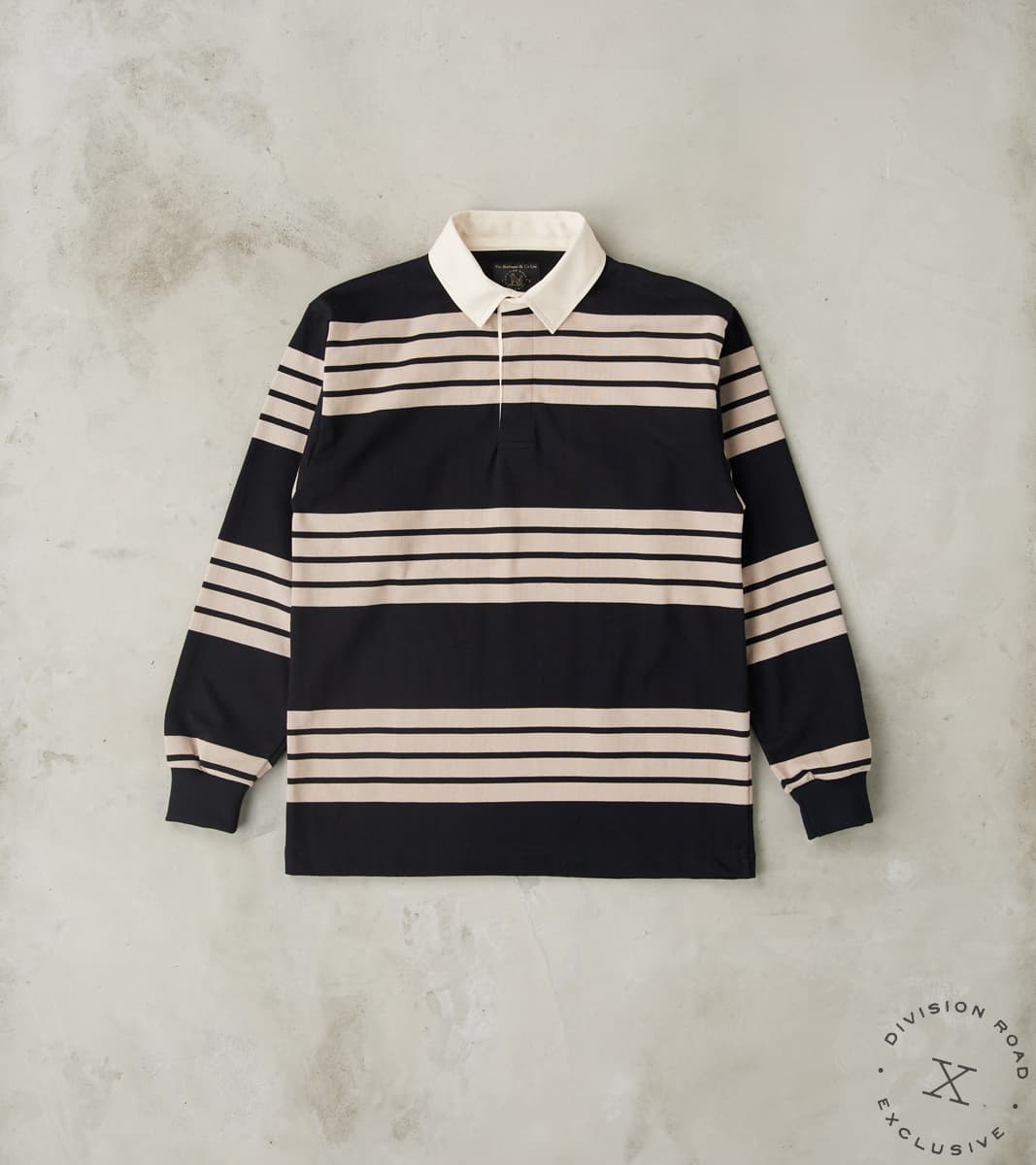 Fox Brothers® x Division Road Heritage Rugby Shirt - Black & Khaki Str…
