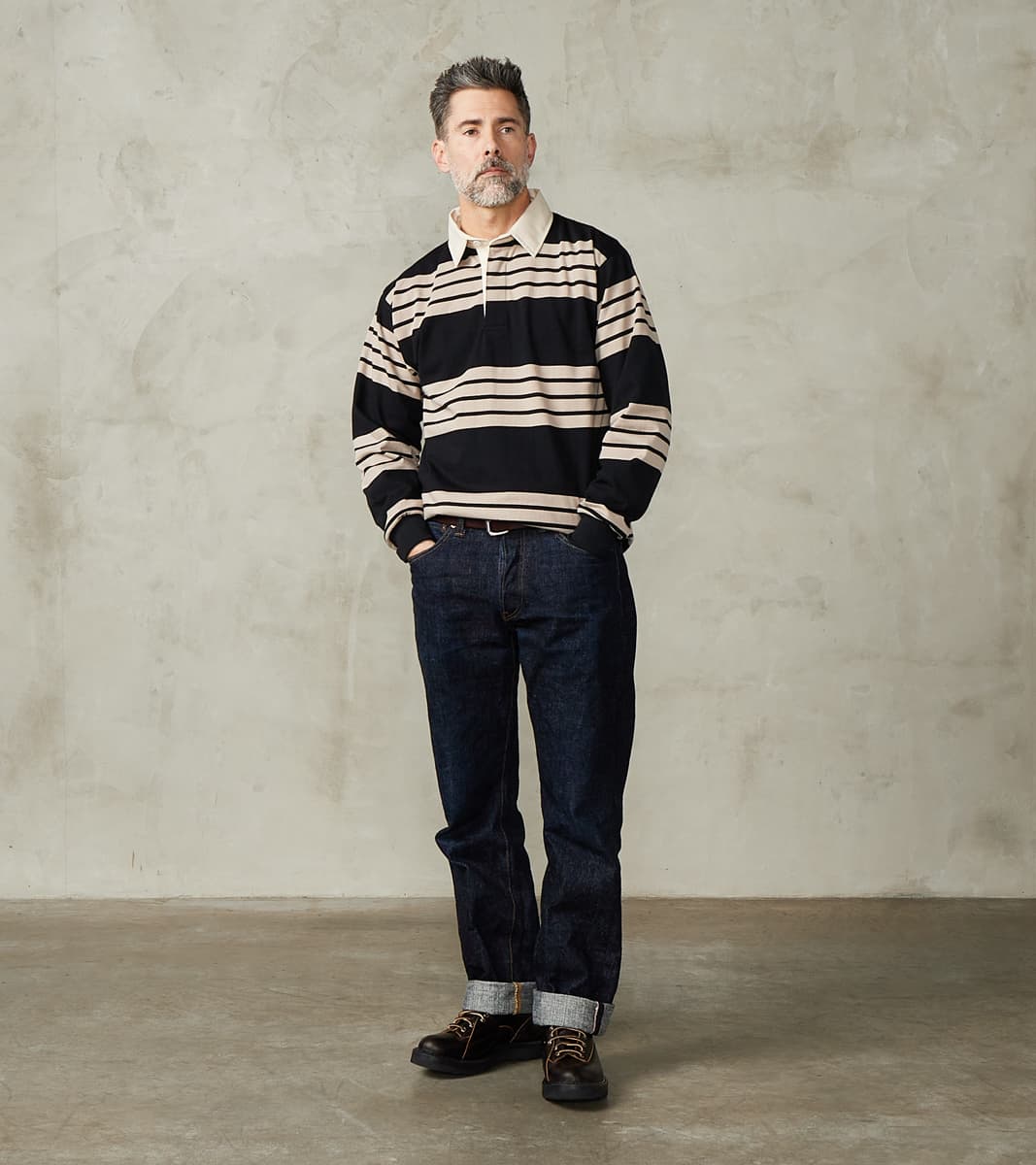 Fox Brothers® x Division Road Heritage Rugby Shirt - Black & Khaki Str…