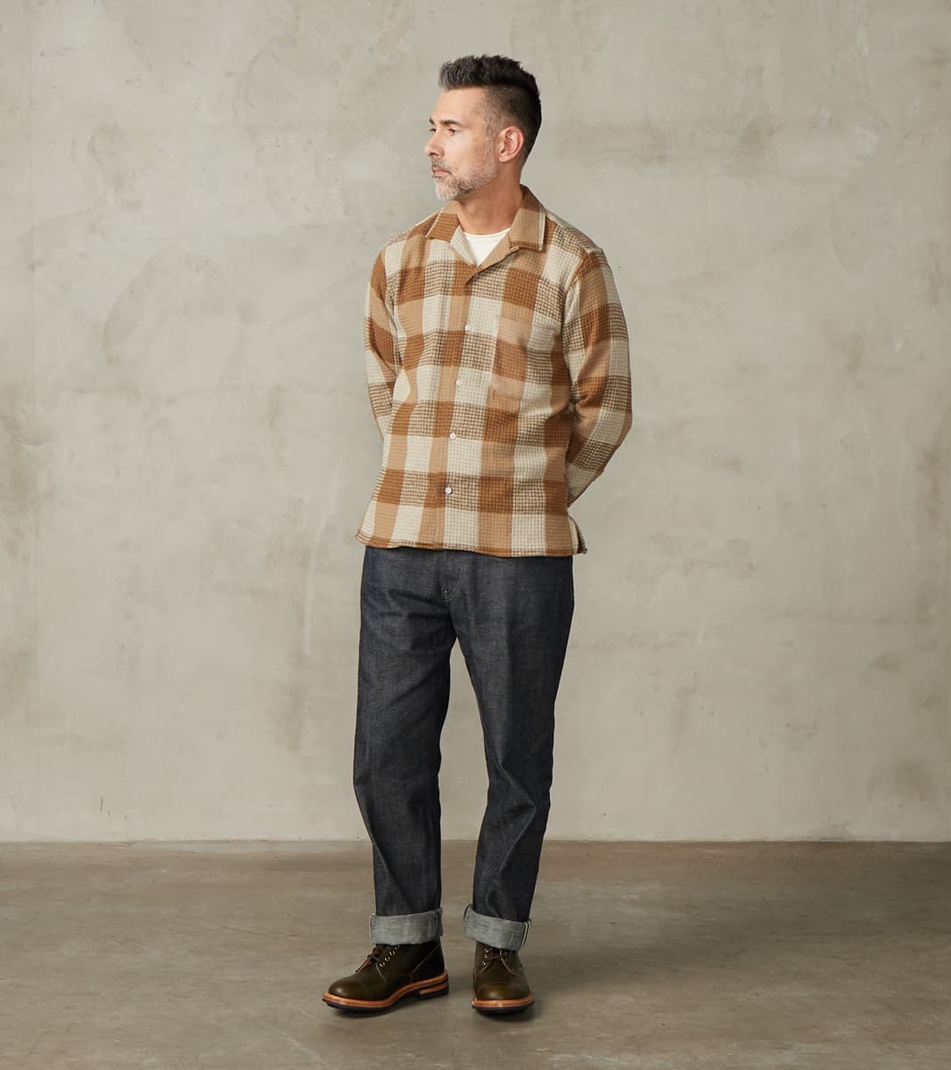 Gitman Vintage Japanese Brushed Waffle Dobby Check LS Camp - Tan