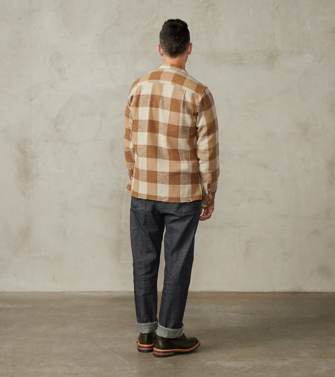 Japanese Brushed Waffle Dobby Check LS Camp - Tan