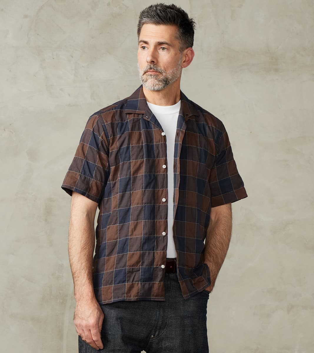 Gitman Vintage Japanese Organic Cotton Voile Checked Camp - Brown