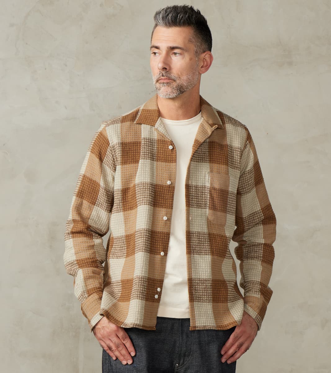 Japanese Brushed Waffle Dobby Check LS Camp - Tan