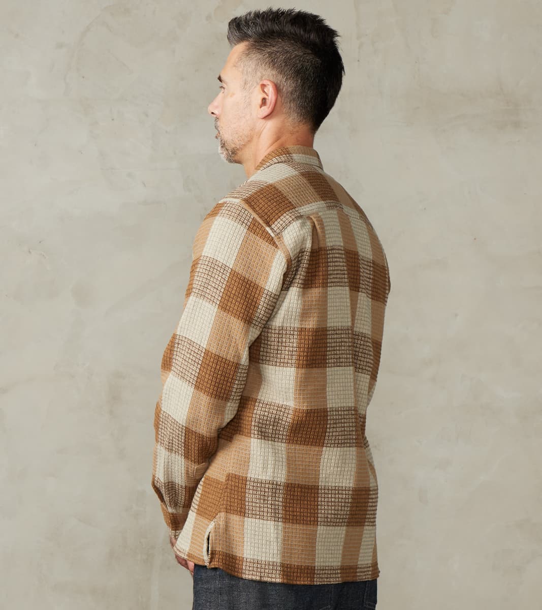 Japanese Brushed Waffle Dobby Check LS Camp - Tan