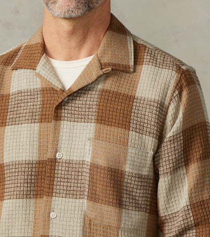 Japanese Brushed Waffle Dobby Check LS Camp - Tan