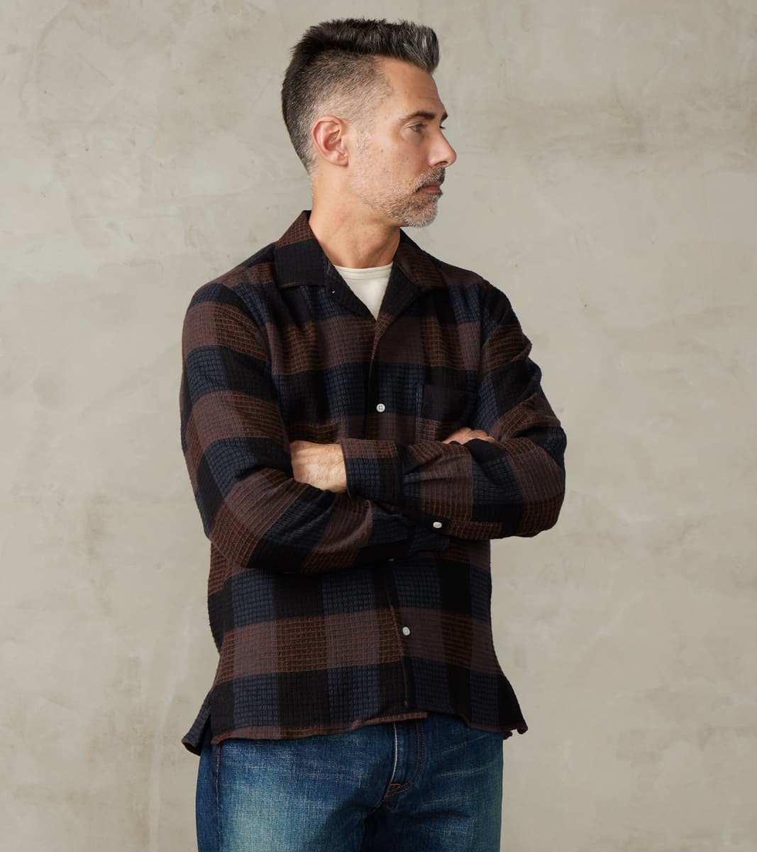 Gitman Vintage Japanese Brushed Waffle Dobby Check LS Camp - Black