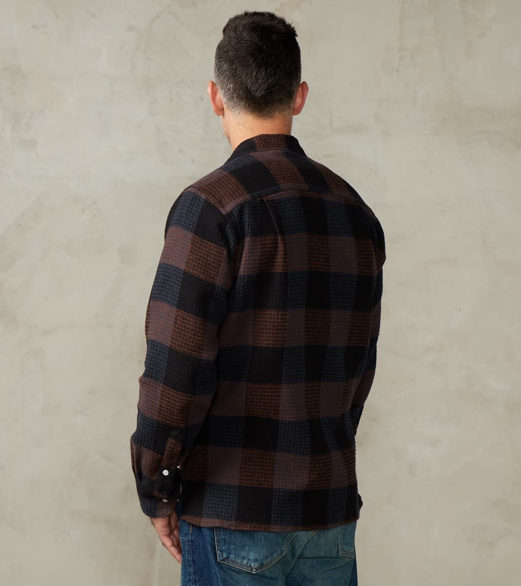 Japanese Brushed Waffle Dobby Check LS Camp - Black