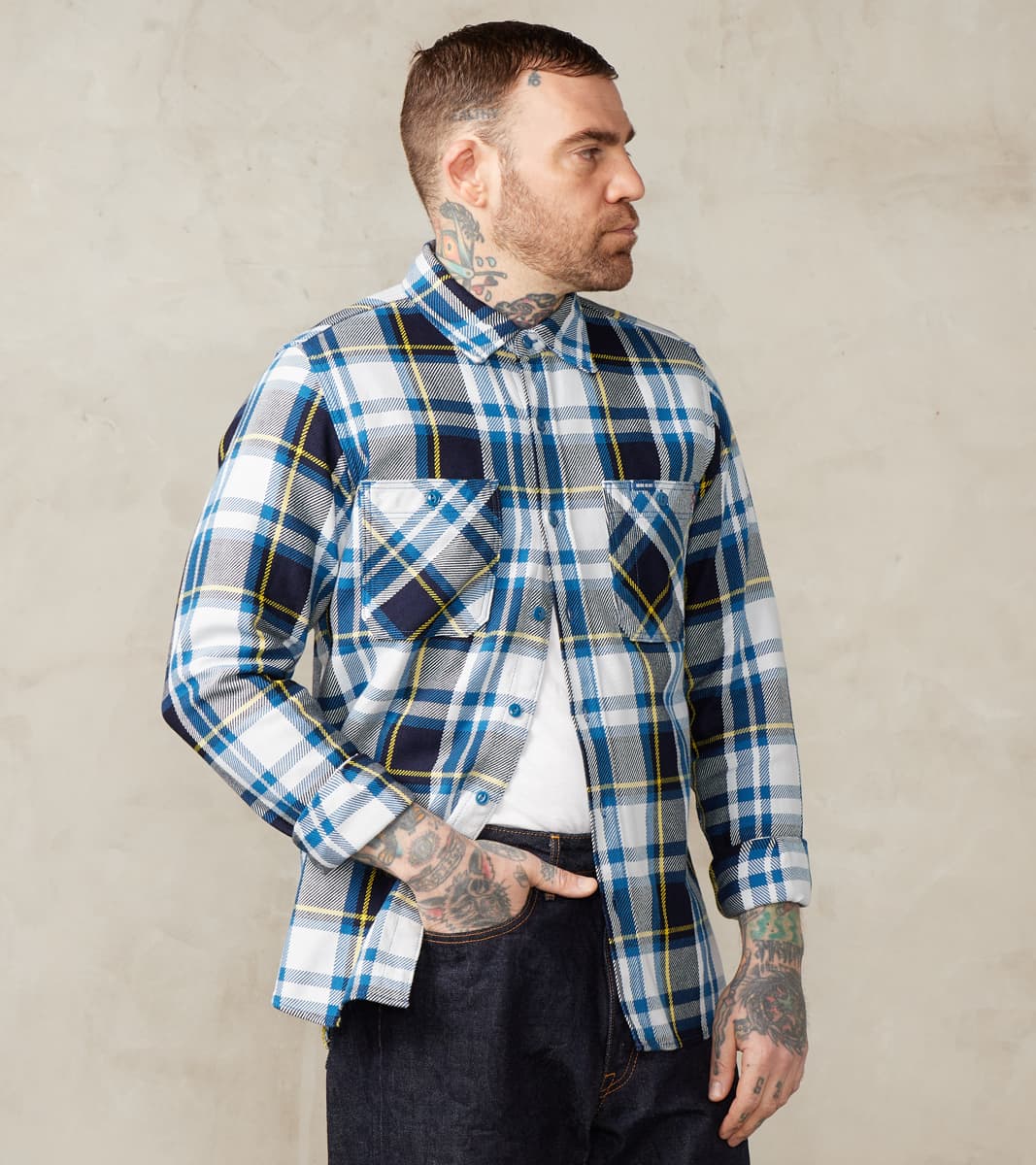 Iron Heart 382-BLU - Work Shirt - 9oz Selvedge Flannel American Blue C…