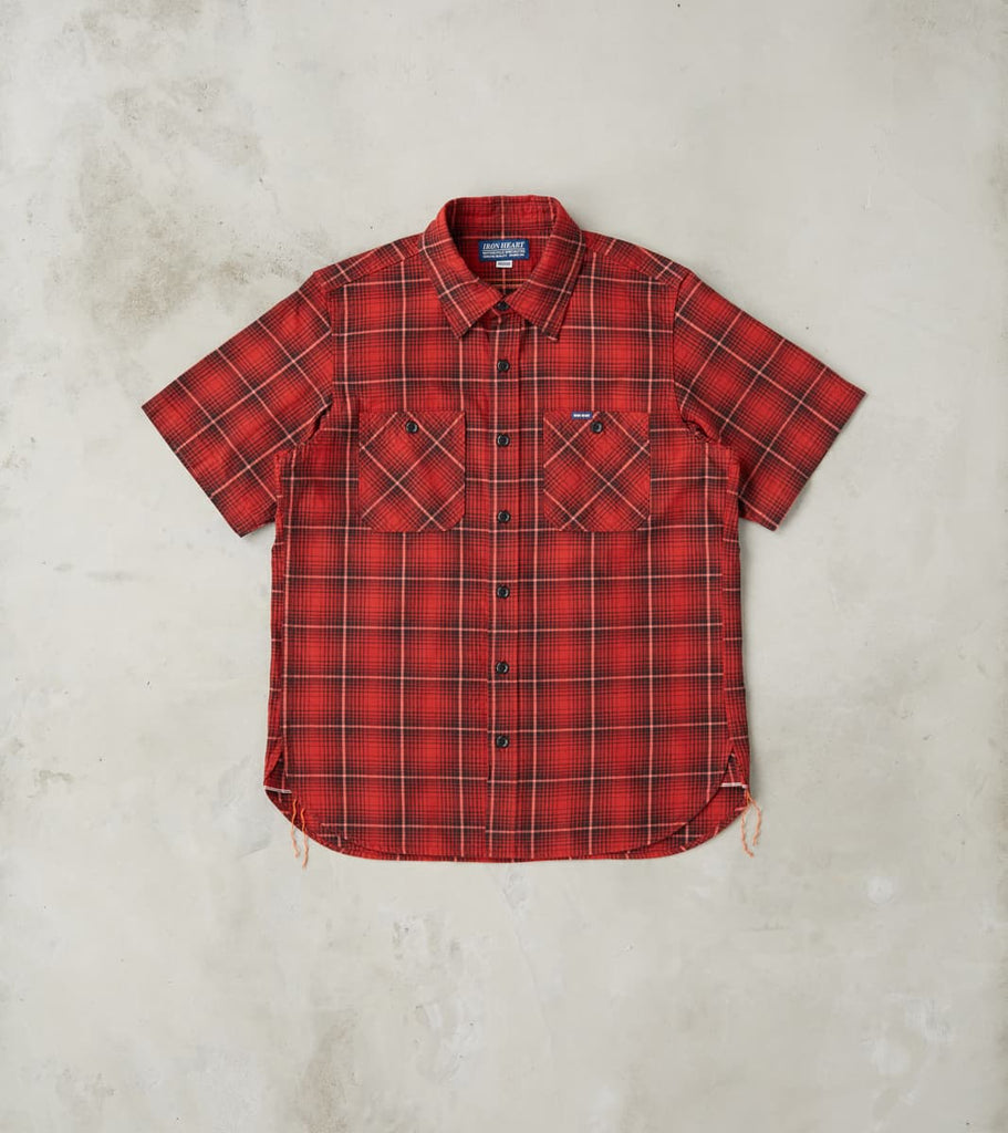 Iron Heart 392-RED - Short Sleeved Work Shirt - 5oz Selvedge Red Vinta…