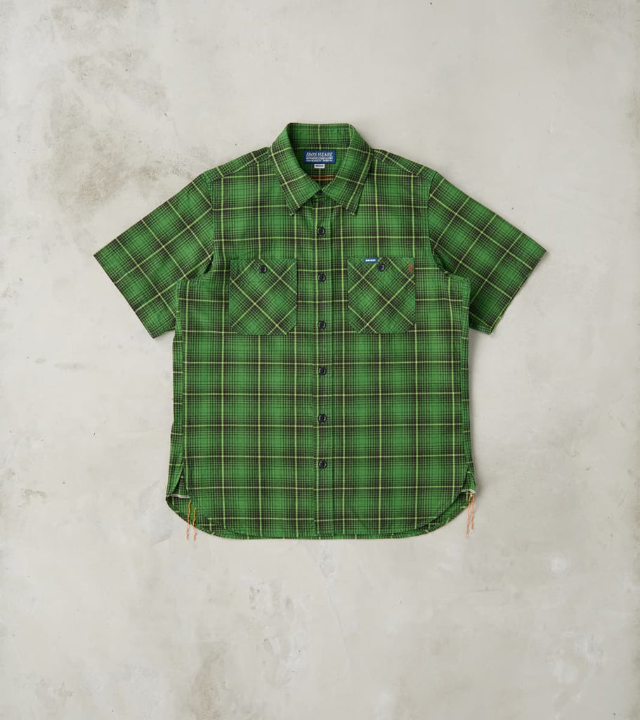 Iron Heart 392-GRN - Short Sleeved Work Shirt - 5oz Selvedge Green Vin…