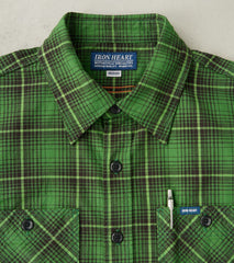 392-GRN - Short Sleeved Work Shirt - 5oz Selvedge Green Vintage Check
