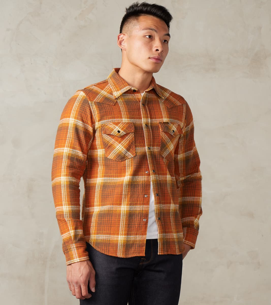 Iron Heart 399-ORA - Western - 12oz Slubby Heavy Flannel Check Orange