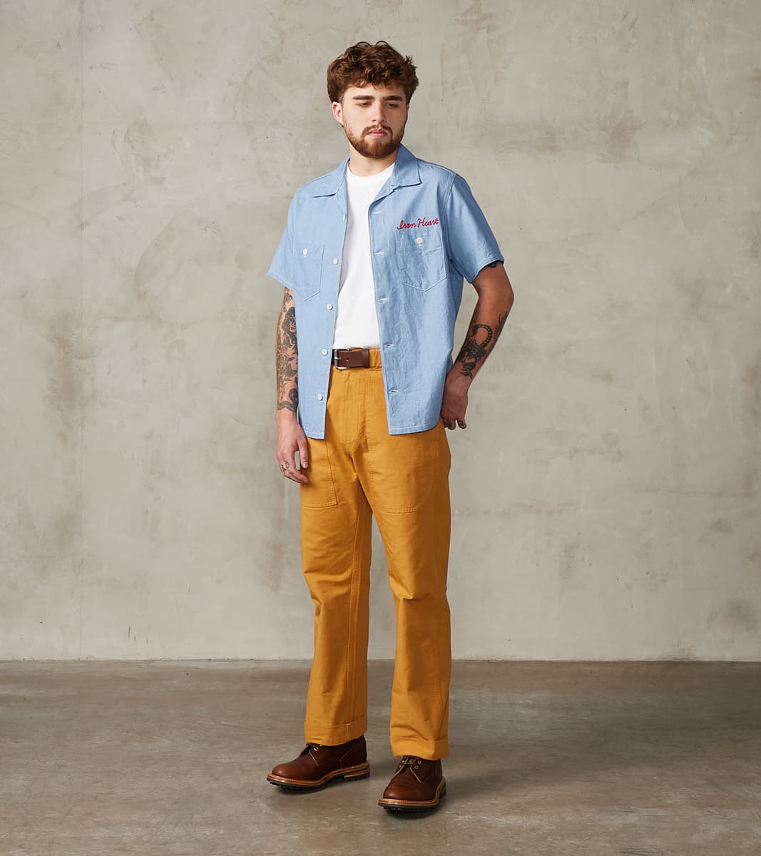 Iron Heart 447-SAX - Open Collar Short Sleeve Shirt - 5oz Sax Blue