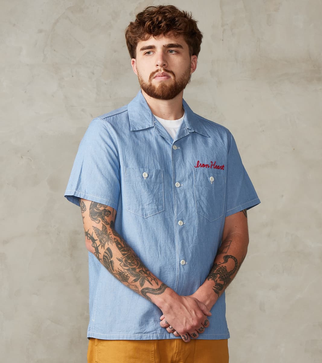 IHSH-447-SAX - 5oz Cotton Linen Open Collar Short Sleeve Shirt