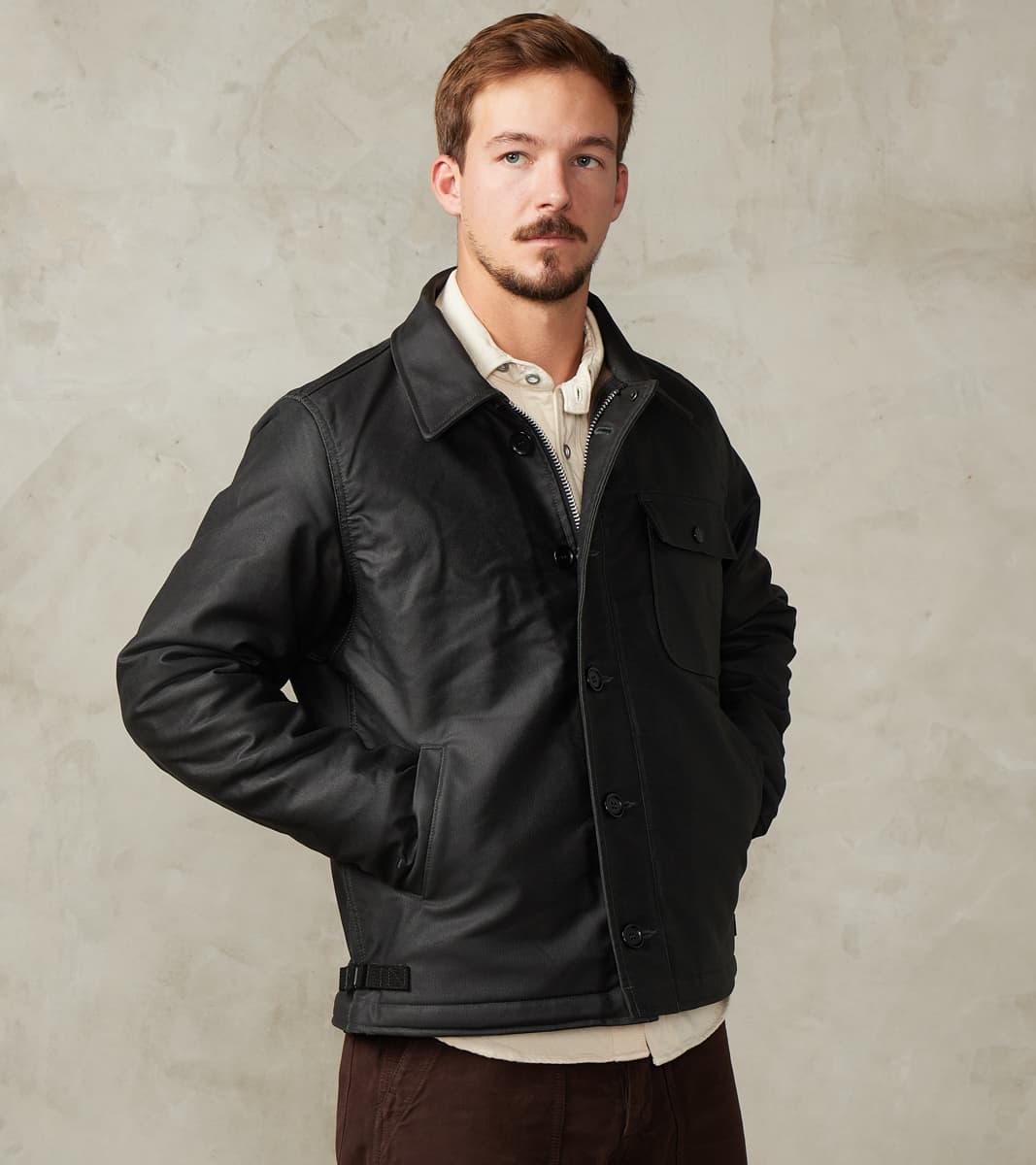 Iron Heart 45-BLK - A2 Deck Jacket - 14oz Black Oiled Whipcord