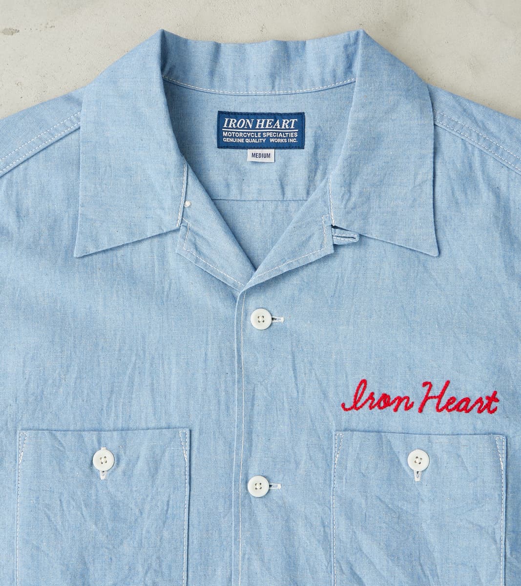 NLS1831 　IRON HEART カジュアルシャツ　Sサイズ Iron Heart 447-SAX - Open Collar Short Sleeve Shirt - 5oz Sax Blue