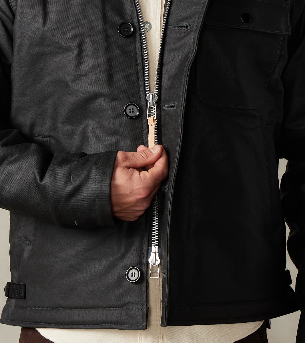 45-BLK - A2 Deck Jacket - 14oz Black Oiled Whipcord