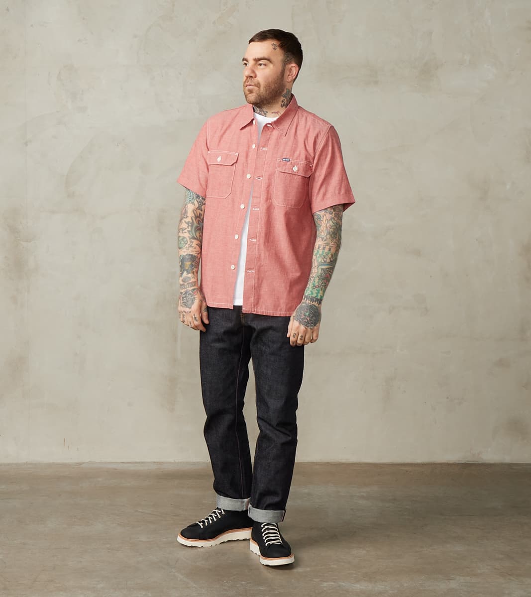 388-RED - Short Sleeved Summer Shirt - 4oz Japanese Selvedge Blend Red