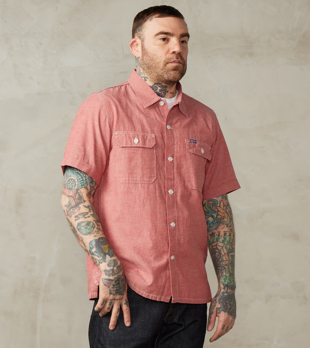 Iron Heart 388-RED - Short Sleeved Summer Shirt - 4oz Japanese Selvedg…