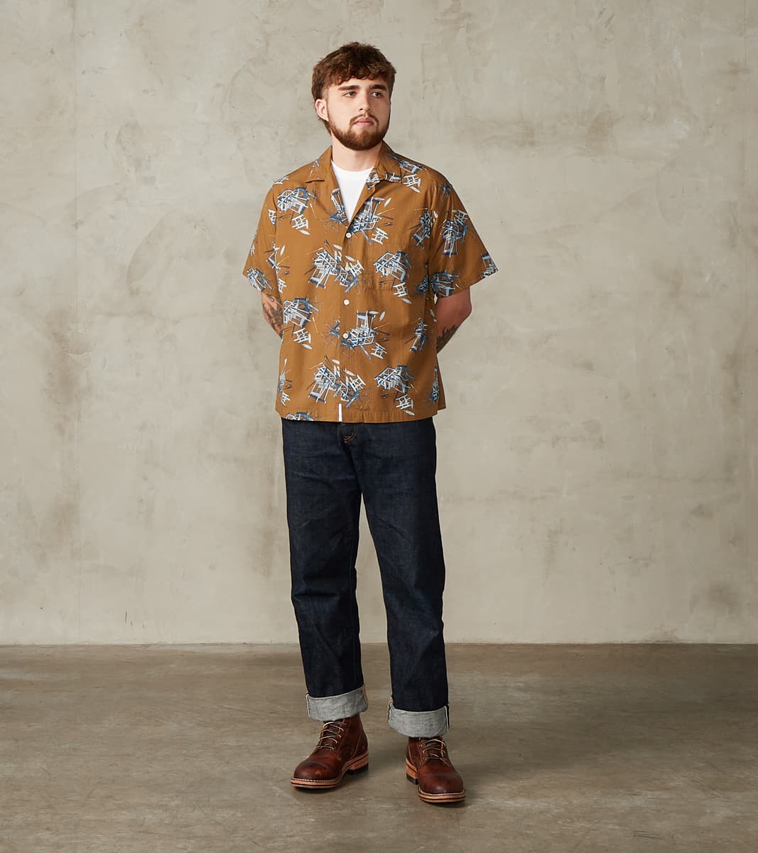 Momotaro Jeans - MMSS6004 - Cotton/Rayon Camp Shirt - Brown